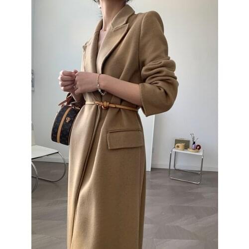 High-end design double pleated suit collar mid-length double-sided cashmere coat woolen coat Korean version 21 new