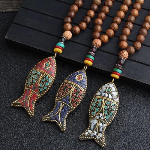 WEIYU Fashion Evade Fish Pendant Necklace Stone Vintage Ethnic Necklace Nepal Jewelry Handmade Sanwoods Bodhi Wood Necklace