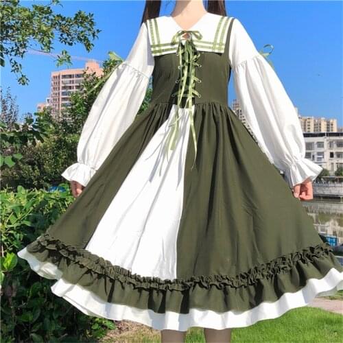 Japanese Sweet Soft Girl Green Lolita Dress Kawaii Sailor Collar Contrast Cross Bandage Bow Cute Ruffles Lantern Sleeve Dresses