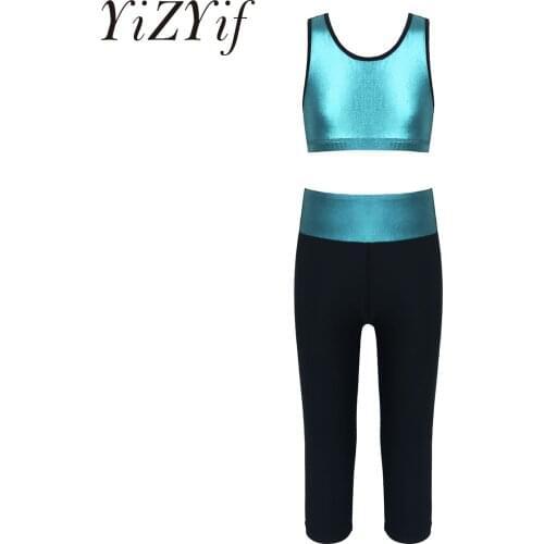 YiZYiF Kids Teens Sleeveless Metallic Shiny Crop Top with Bottoms Girls Ballet Sports Gymnastics Pants Tops Set Stage Dance Wear
