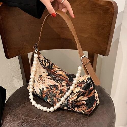 Women Sweet Small Flowers Soft Armpit Baguette Shoulder Bag 2021 Fashion Designer Pearl Brand Designer Girls Purses and Handbag