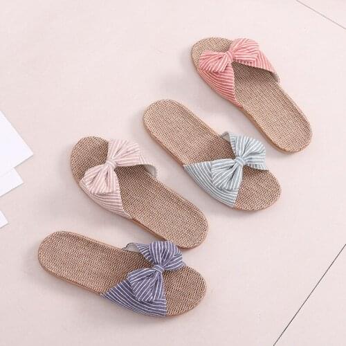 Women Summer Casual Slides Comfortable Flax Slippers Striped Bowknot Linen Non-Slip Sandals Ladies Indoor Breathable Flat Shoes