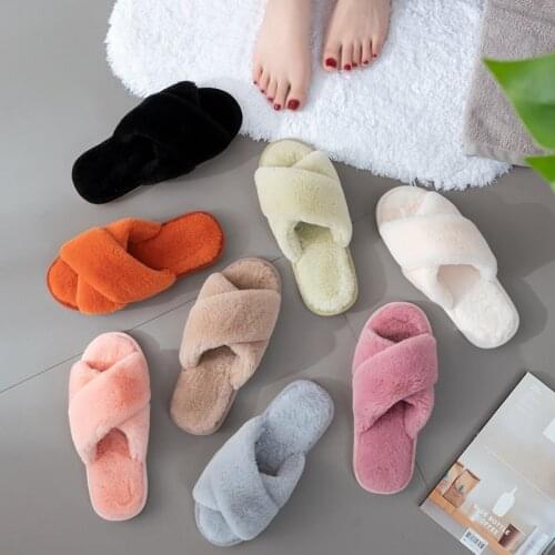 2021 Women Cross Band Slippers Soft Plush Furry Cozy Open Toe House Shoes Indoor Outdoor Faux Fur Warm Flip Flops Simple Slides