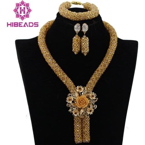 Wholesale Champagne Gold Nigerian African Wedding Beads Jewelry Set African Costume Necklace Set for Women Free Shipping WA727