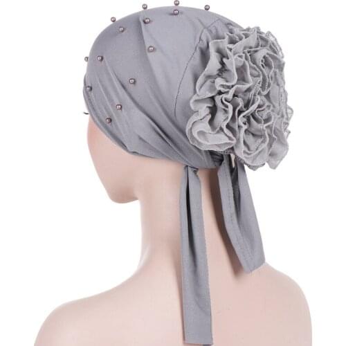 2019 Ruffled Big Flower Scarf Cap turbans for women beading cotton inner hijab caps islamic underscarf bonnet indian hat