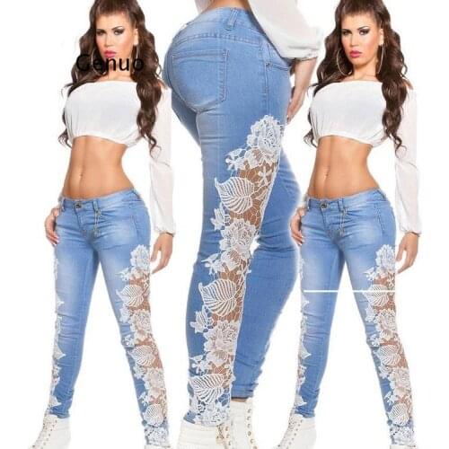 Women Jeans White Lace Patchwork Hot Sexy Denim Trousers Skinny Women Pencil Pants Plus Size Stretch Washed Jeans