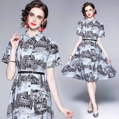 Dropshipping New Summer Autumn Runway Floral Print Collar Belt Short Sleeve Women Ladies Party Casual A-Line Midi Shirt Dress