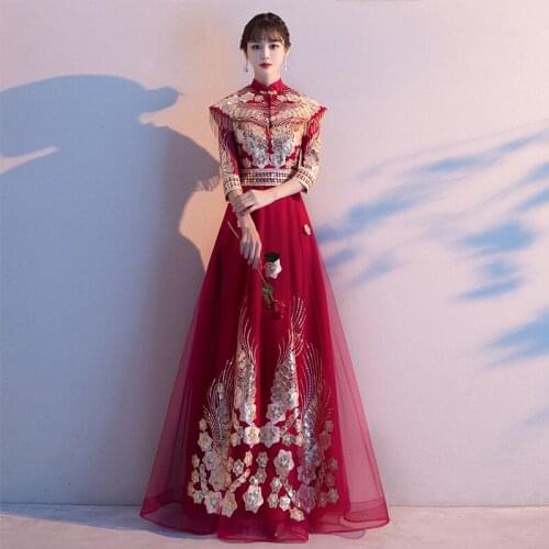 Robe de soiree Wine Red Sequins Embroidery Oriental Banquet Dress Chinese Traditional Wedding Cheongsam Elegant Evening Gowns