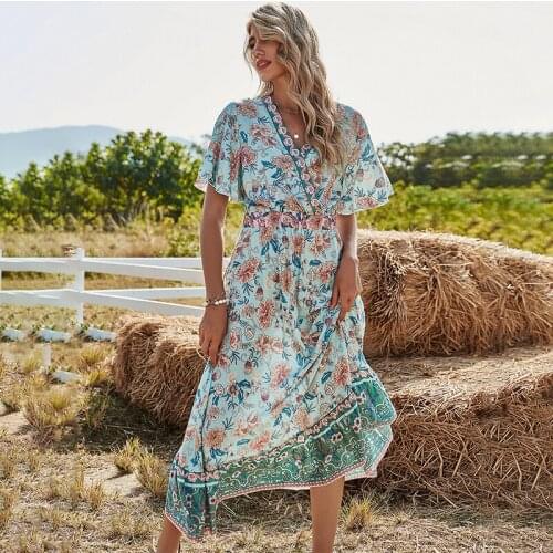 CARDE HOMES 2021 Summer V-Neck Printing Floral Women Dress Fresh Sweet Fashion Pullover Grace Ventilation Comfortable Long Skirt