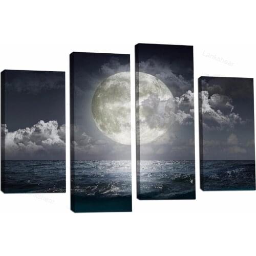 4 Panels Large Canvas Wall Art Seascape Canvas Prints Full Moon Painting On Canvas for Living Room Wall Art Decorations