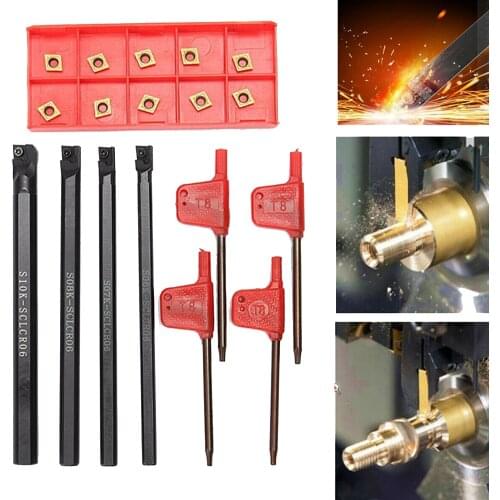 4pcs 6/7/8/10mm SCLCR06 Lathe Boring Bar Tool Holder & 10pcs CCMT060204-HM Insert Machine Tool Turning Tool Holder Set