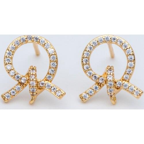 4pcs CZ Paved Gold Ear Post, Bow Knot Stud Earring with Loop, DIY Jewelry Making (#GB-747)