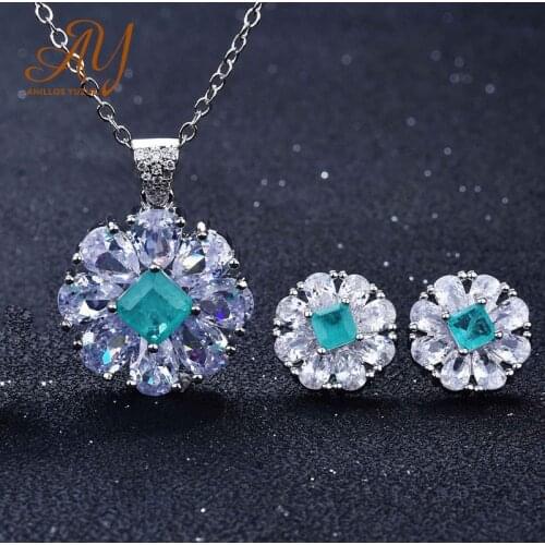 Anillos Yuzuk Tourmaline Gemstones Jewelry Sets For Women 925 Sterling Silver Flower Earrings Pendant Necklace For Promise Gifts