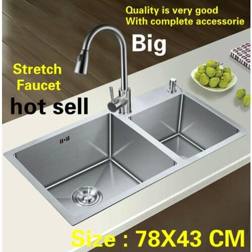 Free shipping Hot sell household luxury kitchen manual sink double groove vogue stretch faucet 304 stainless steel big 78x43 CM