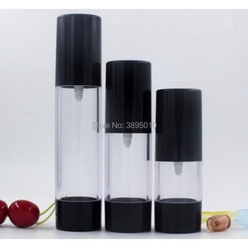 Airless spray bottle lotion bottle ,empty 15ml 30ml 50ml transparent body black pump & lid /bottom Cosmetic Container F546