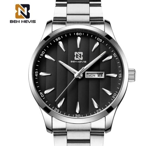 BEN NEVIS Quartz Watches for Men Waterproof Date Display Silver Stainless Steel Band Sports Wristwatches Relogio Masculino