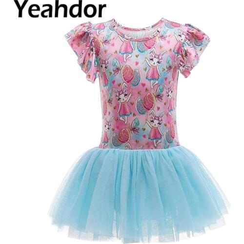 Kids Girls Summer Cartoon Printed Ballet Dance Dress Dancewear Round Neck Short Sleeves Leotard with Mesh Skirt around Waist