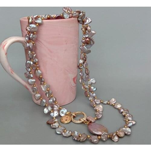 YYGEM Freshwater Cultured Purple Keshi Pearl Top Drilled Long Pearl Necklace Purple Coin Pearl Pendant Charm 36"