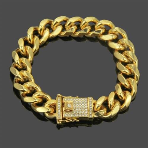 Hip Hop Full Rhinestone Zircon Buckle Gold Cuban Chain Bracelet For Men Women Jewelry Dropshipping Stainless Steel Rap Jewelry