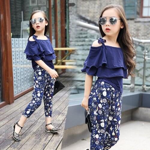 Big Girls Clothing Sets 2019 Teenage Kids Ruffle Off Shoulder Short Sleeve Shirt + Floral Print Long Pant 2 Piece Suit Kid