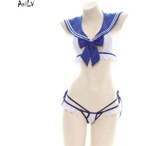 AniLV Japanese Anime Navy Sailor Bikin Swimsuit Costume School Student Blue Swimwear Uniform Temptation Lingerie Cosplay