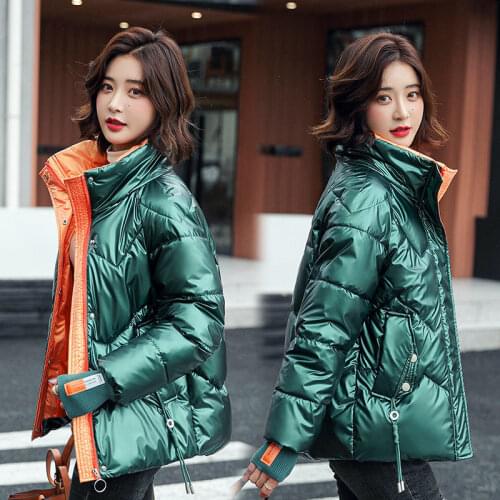 Glossy Woman Stand collar Winter Jackets Cotton-padded Loose Short Ladies Snow Parkas Coat Warm Waterproof Wadded Coat Female