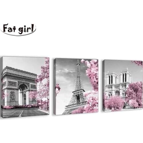 Diy Diamond Painting Paris Tower Pink Flower City Building Diamond Embroidery Full Display Mosaic Crafts Kit 3 Piece Set Gifts