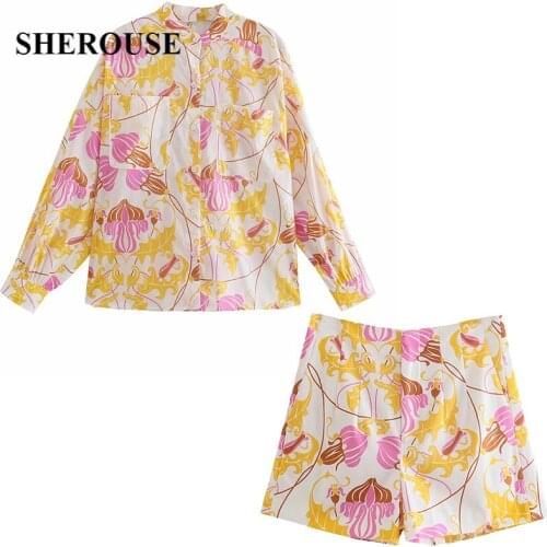 2021 New Summer Women Printed Shirt And Shorts 2 Pieces Set Buttoned Pockets Suit Chic Lady Casual Women Outfit Shorts Sets