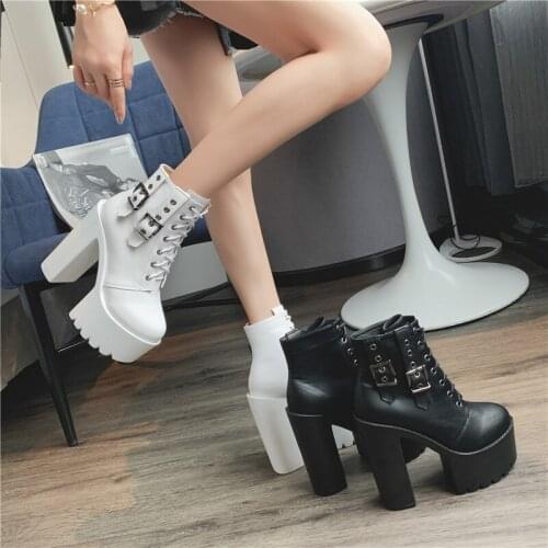 2021 new winter shoes womens thick-soled fashion belt buckle sexy high-heeled thick-heeled womens boots nightclub warm boots
