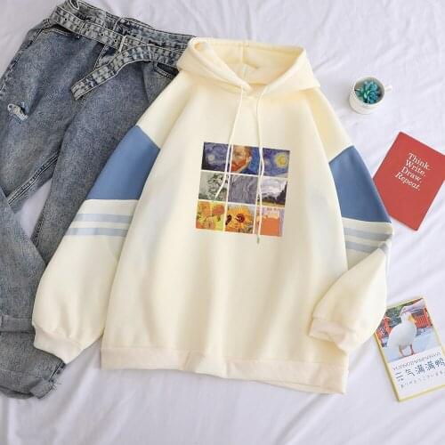 Autumn Winter Fleece Van Gogh Oil Painting Pullover Thick Loose Women Hoodies Hit Hot Casual Contrast Color Sweatshirt Female