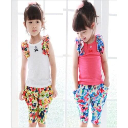2-7 ages 100% cotton high quality 2017 Summer sleeveless floral Kids children clothes kid suit T-shirt+pant girl Clothing Set
