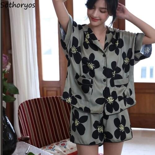 Women Floral Pajama Sets Short Sleeve Tops Loose Teenagers Cozy Shorts Summer Sleepwear Breathable Females Lounge Home Popular