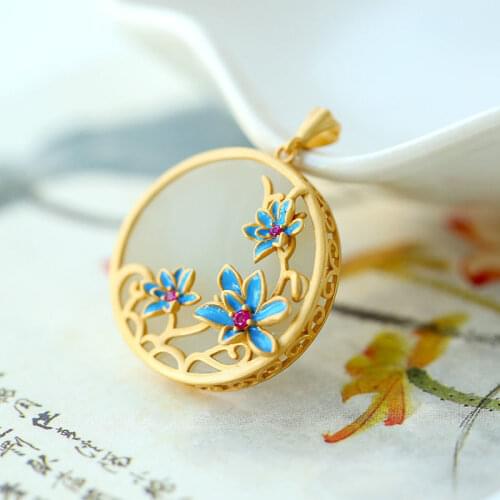 S925 Sterling Silver Gold Plated Natural Hetian Jade White Jade Lotus Cloisonne Craft round Brand High-End Hanging Ornament Wom