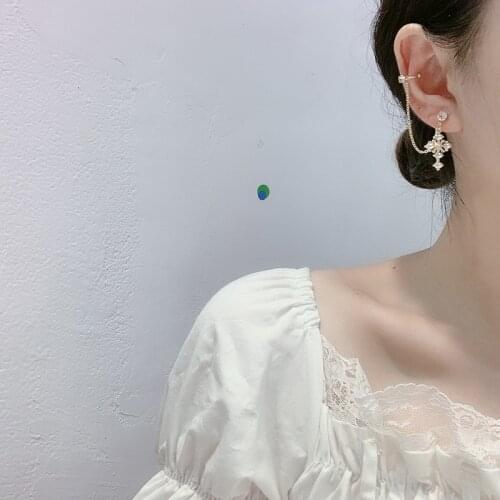 MWsonya 2020 New Korean Pearl Cross Ear Clip Pendant Earrings Asymmetric Cross Stud Rhinestone Earrings Gift Accessories