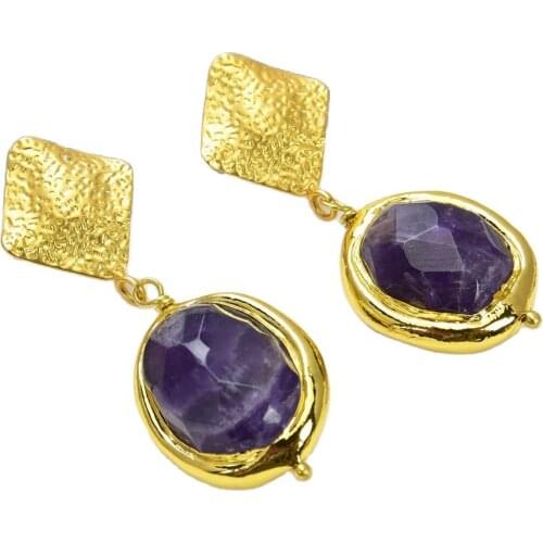 GG Jewelry 19x20MM Natural Purple Amethysts Stone Yellow Gold Plated Earrings