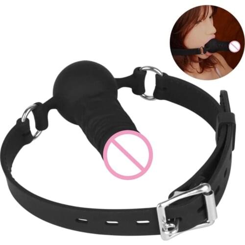 Silicone Realistic Dildo Gag with Ball,Adult Sexy Flirting Gag, Adjustable Strap on Mouth Gag for SM (Black)