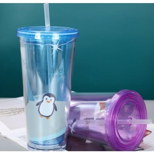 Straw Cup With Lid Acrylic Double Layer Drink Cups Clear Water Bottle Outdoor Portable Sequined Glitter Cup