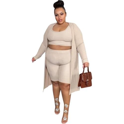 RStylish Women Fashion Solid Color Long Cardigan Crop Vest Knee Length Shorts Casual Loungewear Plus Size 3 Piece Set