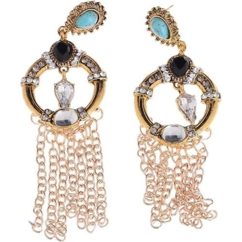 Vintage Ethnic Bohemia Bead Rhonestone Hollow Round Chain Tassels Earrings For Women Jewelry