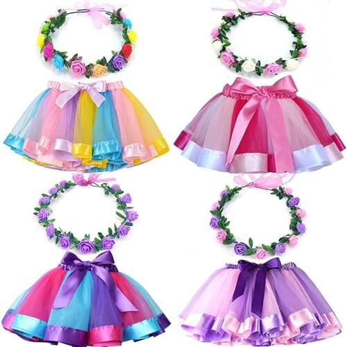 Princess Girls Tutu Skirt Pettiskirt Head Wear Garland Flower Wreath Crown Dance Party Costumes Christmas Halloween