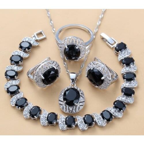 Occident Style Silver Color Oval Big Jewelry Sets Black CZ Clip Earrings Necklace Bracelet Ring For Women Costume Set
