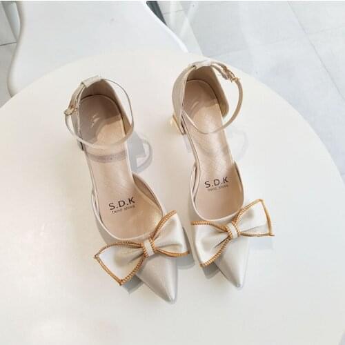 2021 Summer Pointed High Heels Female Shallow Mouth Thick with A Word Buckle Hollow Single Shoes Fairy Style Bow Sandals