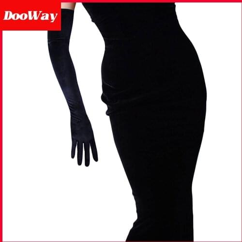 DooWay Women Fashion Warm Long Velvet Gloves Elastic Stretchy Velours Flannel Black Evening Prom Touchscreen