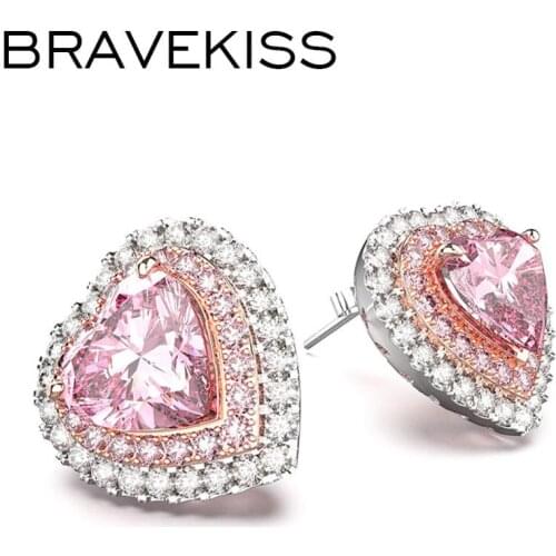 Bravekisse Pink Sweet Stud Earring heart For Female fashion Jewelry Cute Barbie CZ zircon Lovely accessories for girl BUE0601