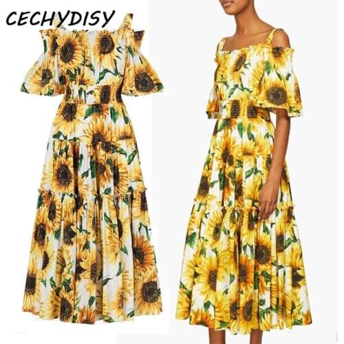 Yellow dress women summer 2020 runway ruffles boho beach holiday party midi long dresses sunflower printed clothing vestido robe