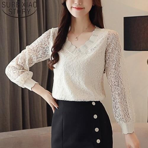 2020 New Fashion Elegant Casual Women Blouse Solid Women Tops Lace Long Sleeve V-neck Women Clothing Autumn Korean Style 5958 50