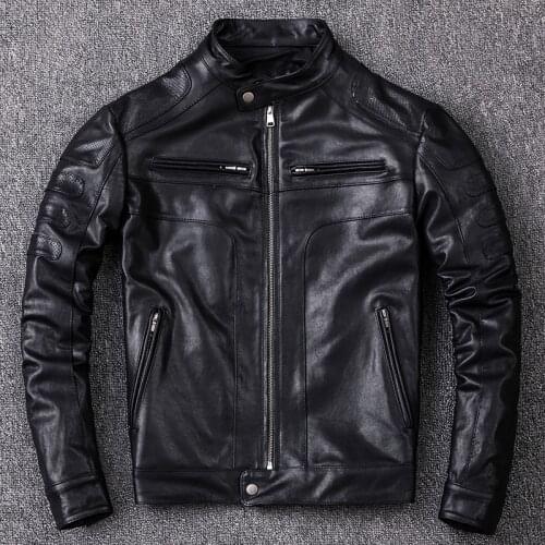 2021 New 100% Genuine Soft Sheepskin Tanned Leather Jacket Mens Motorcycle Jackets Black Slim Motor Clothing Short Biker Jacket