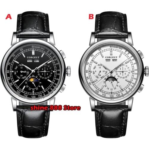 42mm Corgeut mechanical wristwatches moon Phase Silver Year Day Month Week Automatic watch men