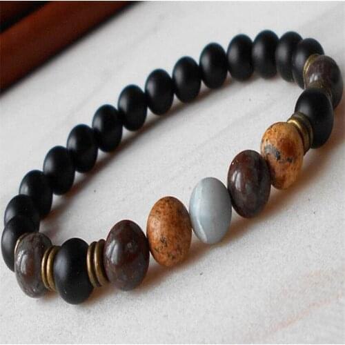 8mm Obsidian Picture Stone Gemstone Mala Bracelet Stretchy Buddhism Yoga Pray Healing Chakras Meditation Cuff Handmade