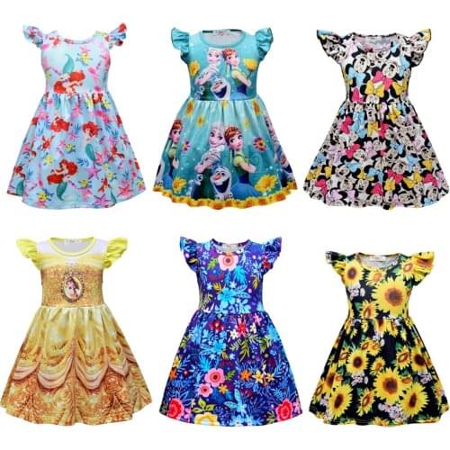 Kids Dress Elsa Anna Belle Princess Dresses Toddler Girls Summer Dress Cartoon Minnie Mouse Mermaid Pink Dress Flower Pattern